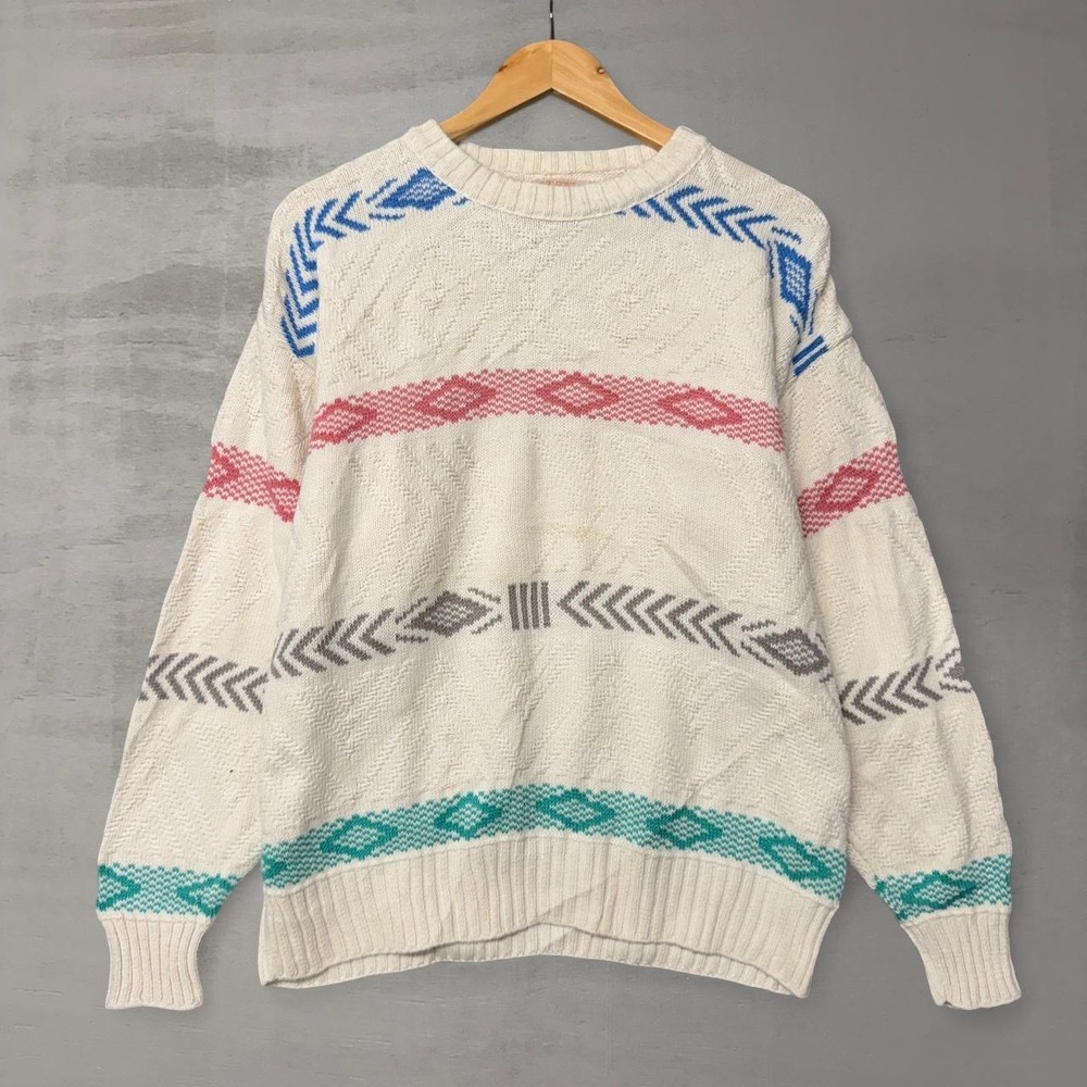 The Fox Collection Sweater Cream Geometric Knit Vintage USA Large